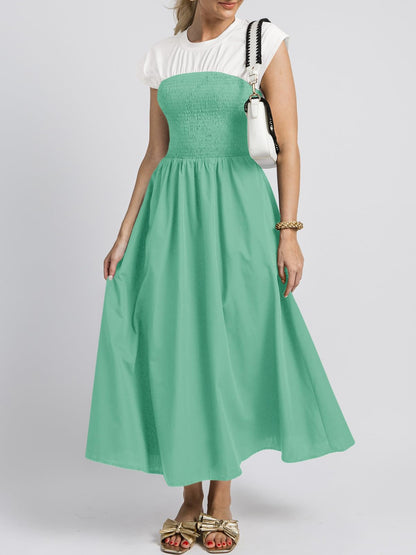 Wenrine Womens Casual Summer Midi Dress Smocked Cap Sleeve Green Size L