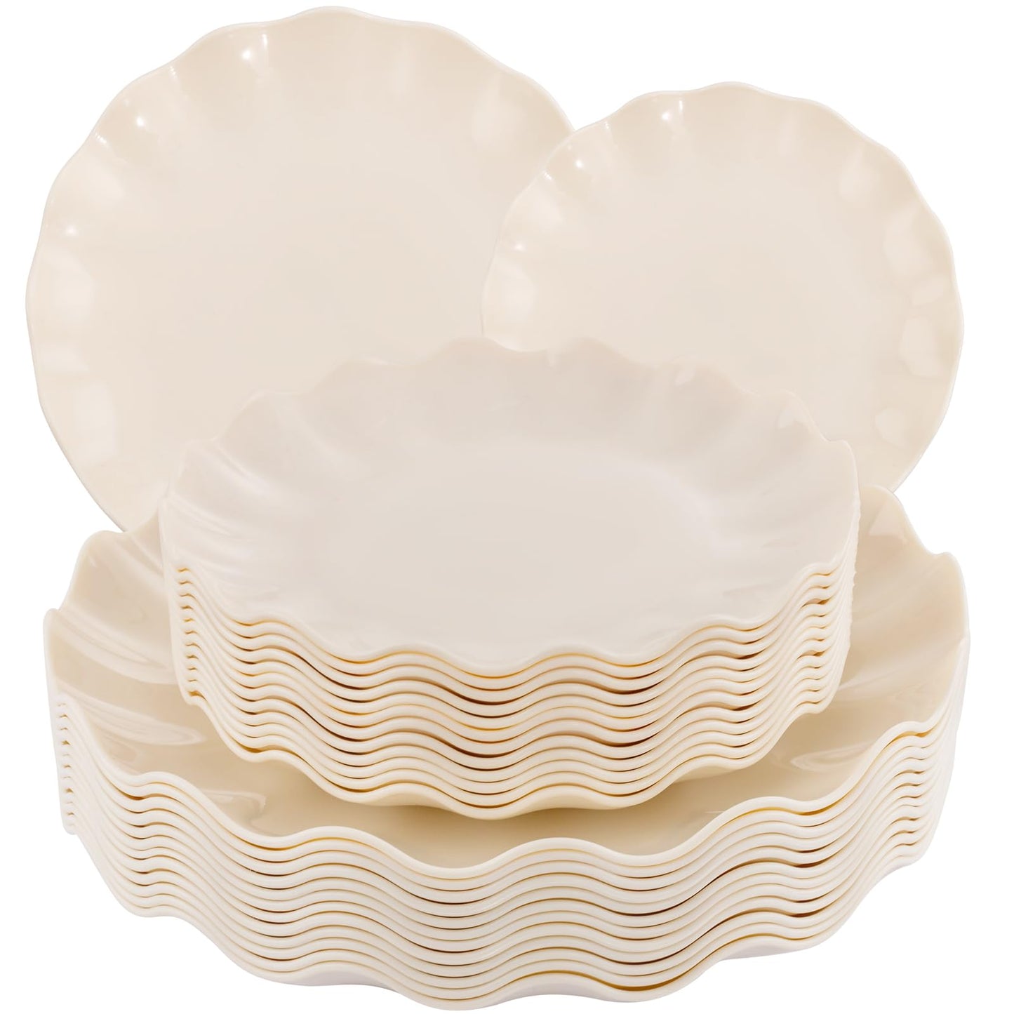 LIYH 24 Pcs Plastic Plates Reusable Scalloped Beige BPA Free 12 Guests