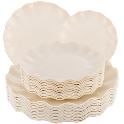 LIYH 24 Pcs Plastic Plates Reusable Scalloped Beige BPA Free 12 Guests