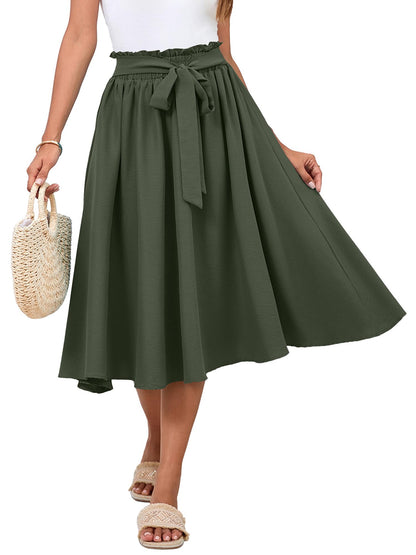 Poplab Women's Elastic High Waist Pleated A-Line Midi Skirt Army Green Size 2XL