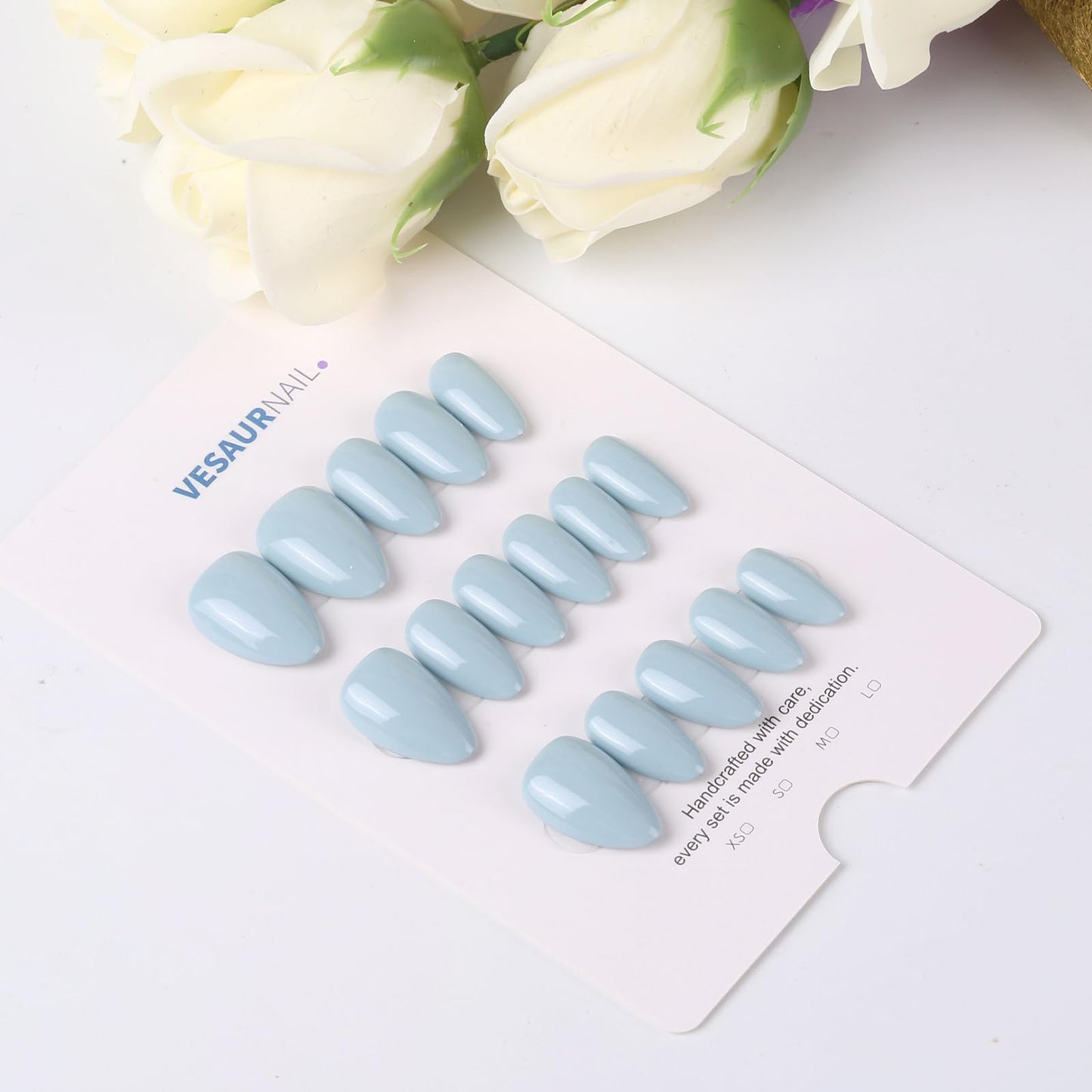 KBS Designer Handmade Press On Nails Blue Short French Tip Almond 16 Sizes Kit