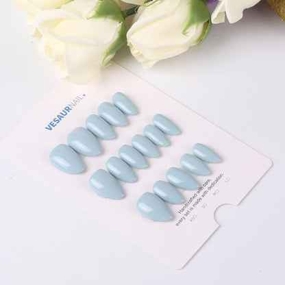 KBS Designer Handmade Press On Nails Blue Short French Tip Almond 16 Sizes Kit