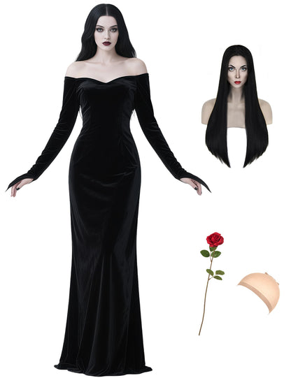 QUJQOM Halloween Gothic Dress Black V-neck Red Rose Wig Size L