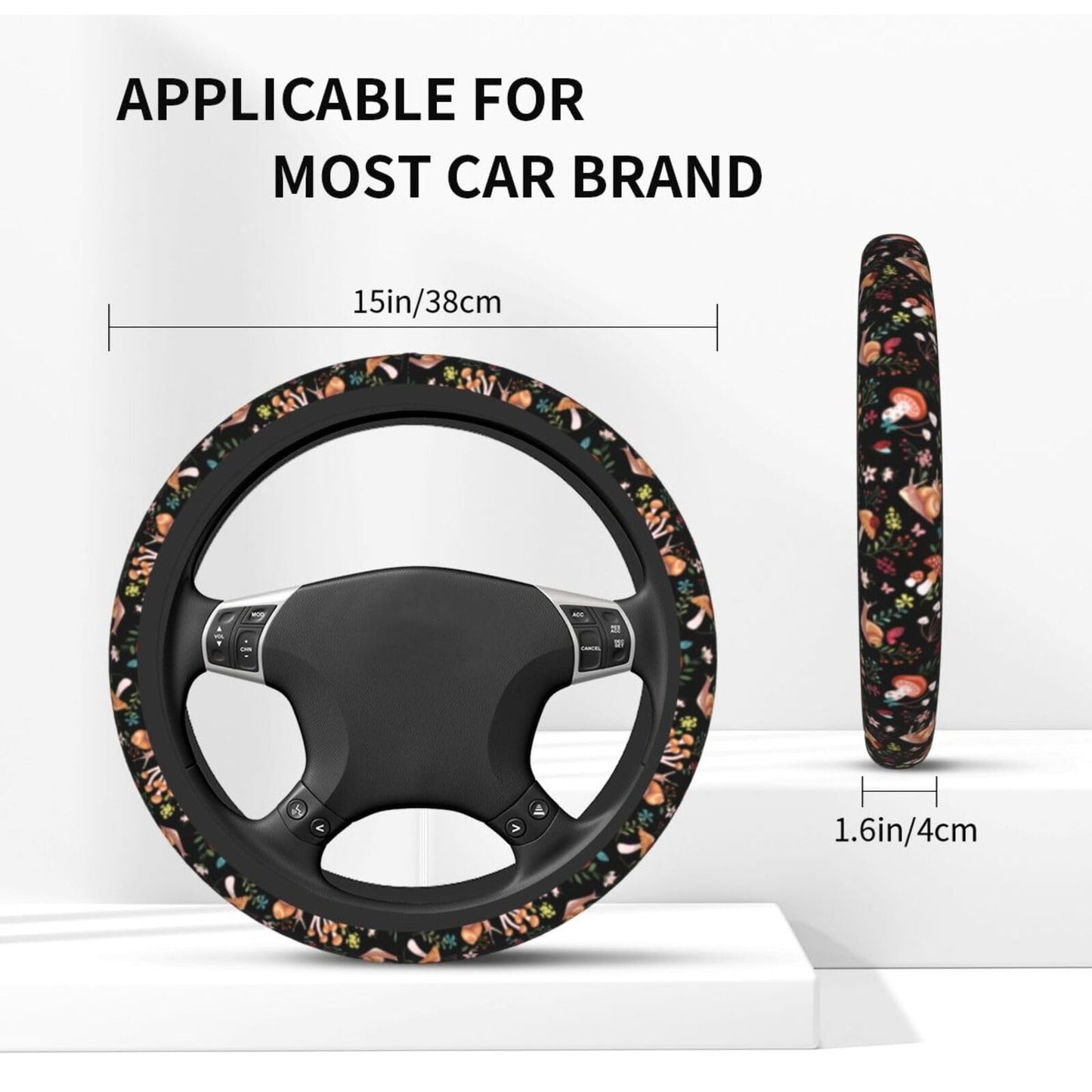 MINIOZE Mushroom Vintage Steering Wheel Cover 15 Inch Neoprene Black 1pc