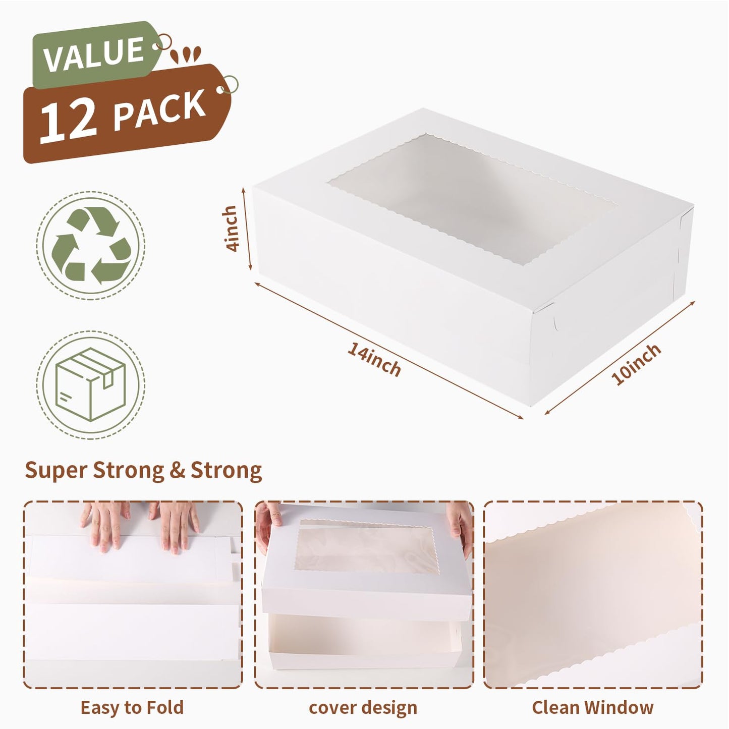 JCD 12pcs Cake Boxes 14x10x4in White Bakery Window Quarter Sheet