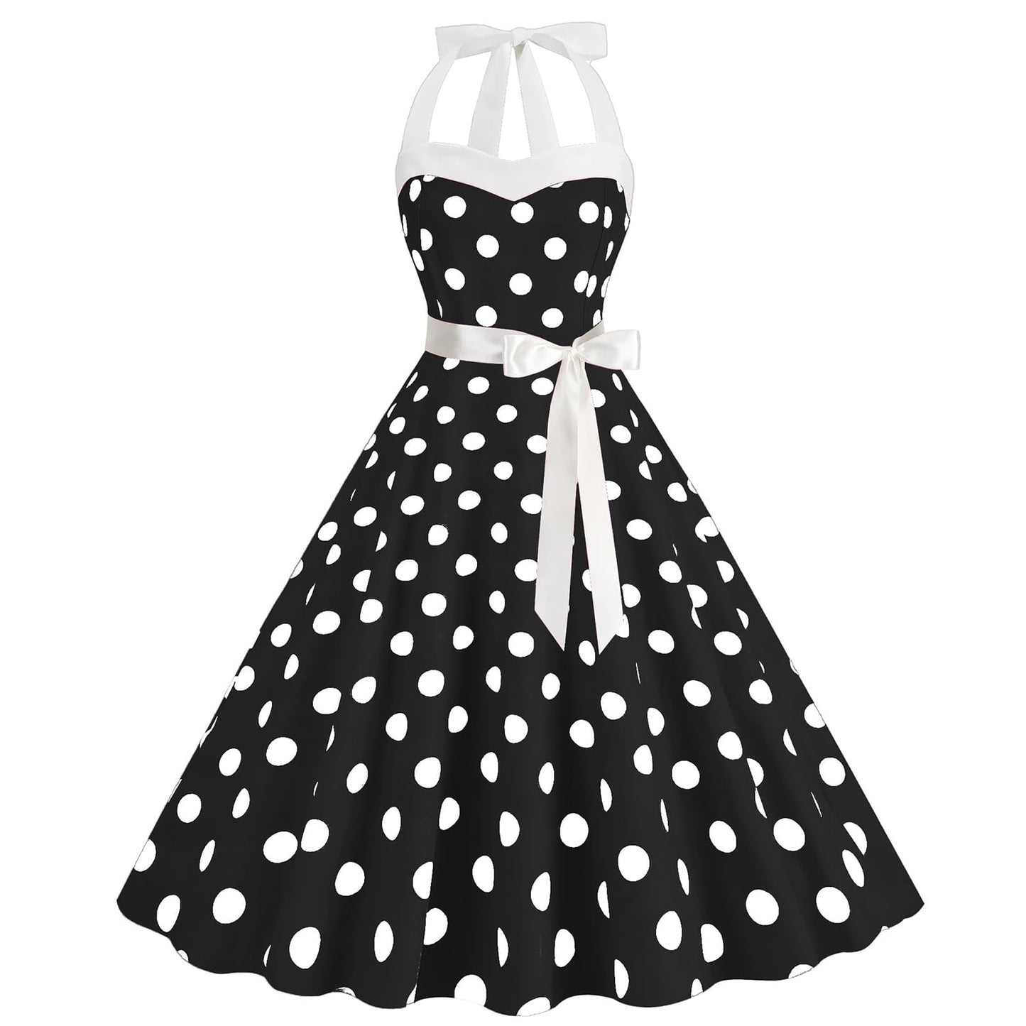 HAPNBCELE Vintage 1950s Halter Polka Dot Dress Black Size X-Large