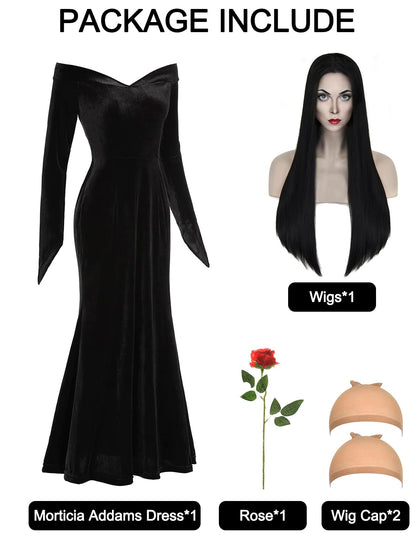QUJQOM Halloween Gothic Dress Black V-neck Red Rose Wig Size L