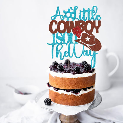 VQOUZVSR A Little Cowboy Is On The Way Cake Topper Blue Glitter Boy