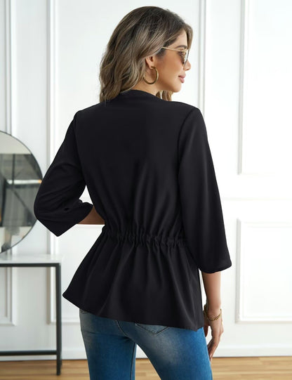 CiCiBird Womens Dressy 3/4 Sleeve Zip Peplum Blouse Black Size S