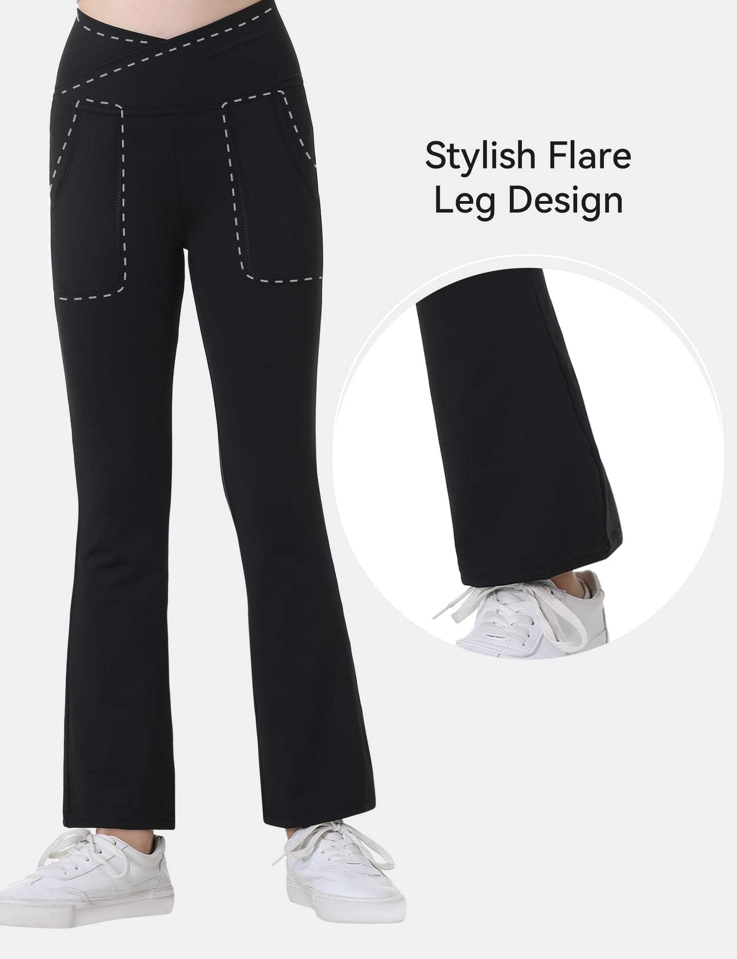 Kirinkylin Girls Flare Leggings 2 Pack V Cross Bootcut Pockets Black Size 10-11