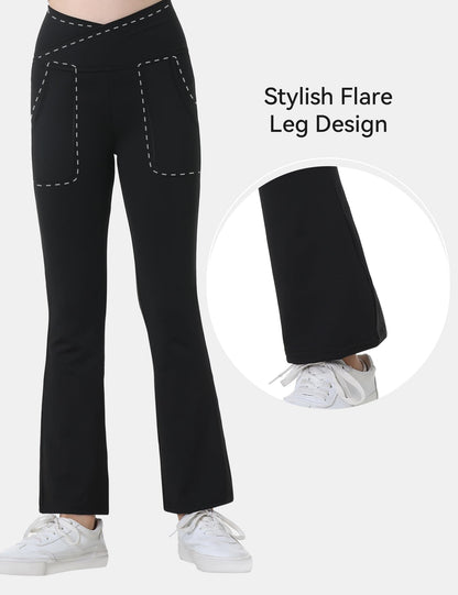 Kirinkylin Girls Flare Leggings 2 Pack V Cross Bootcut Pockets Black Size 10-11