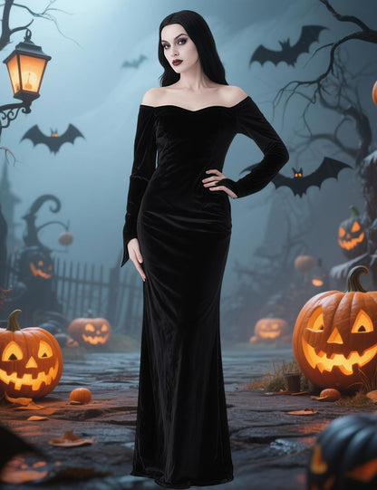 QUJQOM Halloween Gothic Dress Black V-neck Red Rose Wig Size L