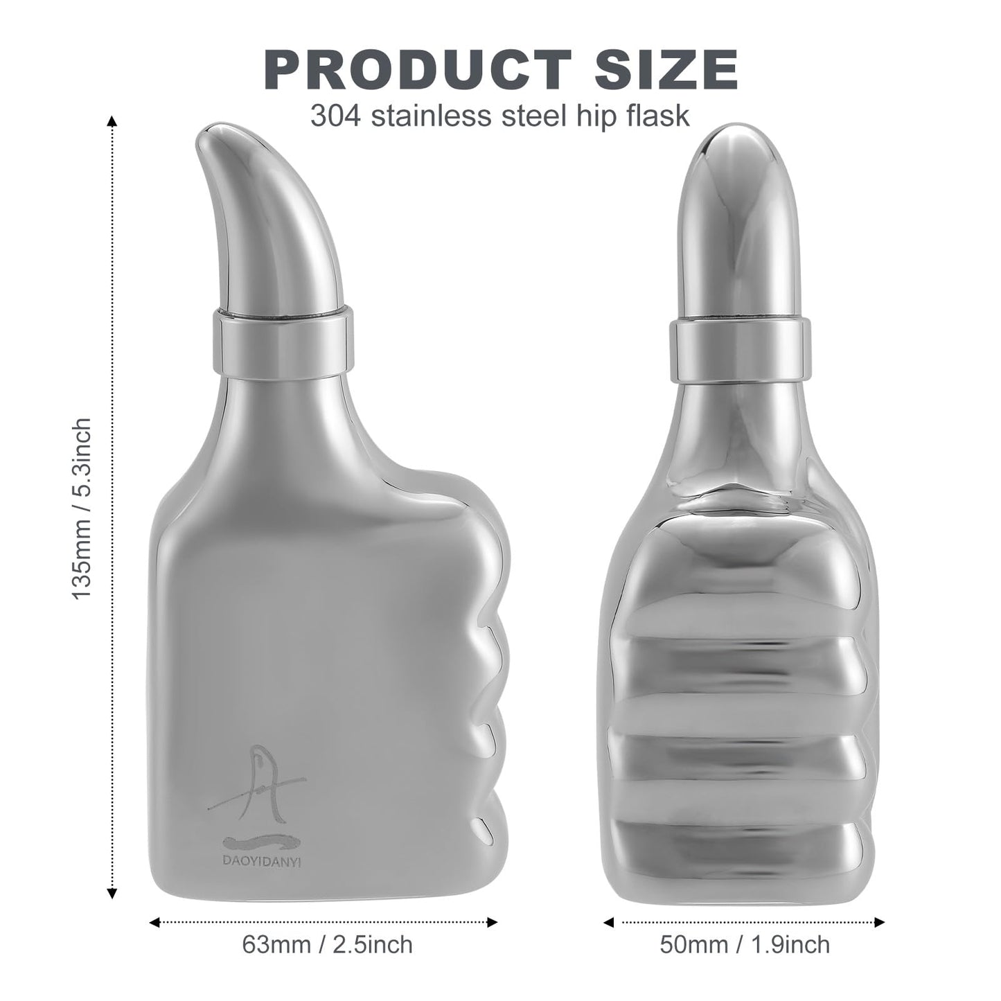 DAOYIDANYI 6oz Stainless Steel Hip Flask Whiskey Thumbs-up Silver