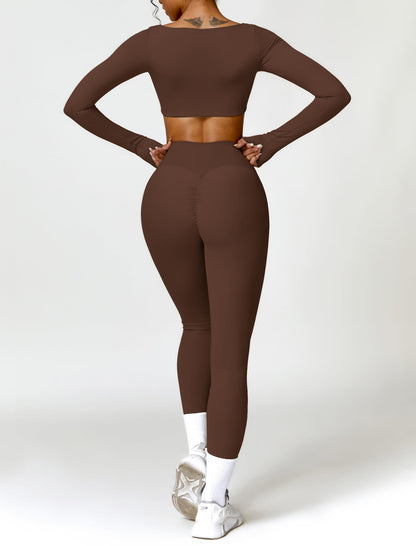 AGYMNX 2pc Workout Set Women Long Sleeve Crop Top High Waist Leggings Brown M