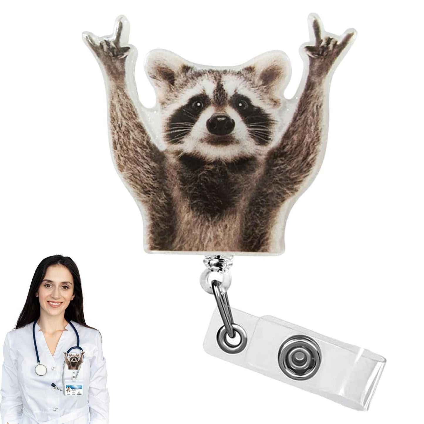 Generic Funny Raccoon Retractable Acrylic Alligator Badge Reel Clip