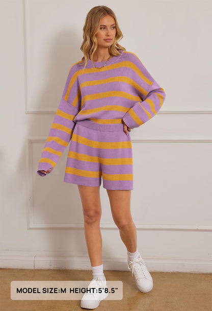 MEROKEETY Women's 2 Piece Sweater Set Striped Long Sleeve Shorts Purple Size S
