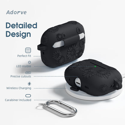 Adorve AirPods Pro 2 Silicone Case Flower Engraved Black Front LED Visible