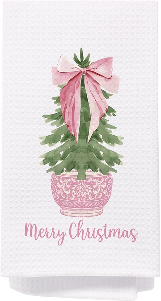 Chinoiserie Christmas Kitchen Towels Set of 2 Pink Bow 16x24 Inches