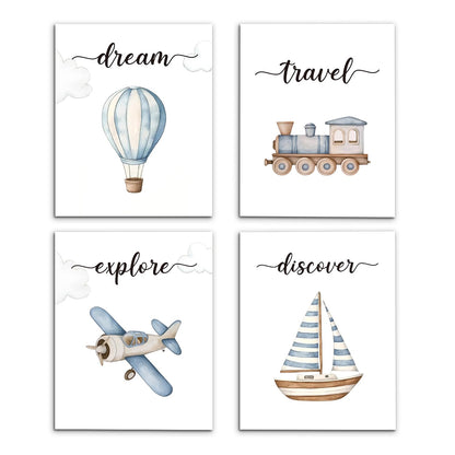 VIIJJUE Nursery Wall Art Set 4 Transportation Prints 8x10 Watercolor Blue