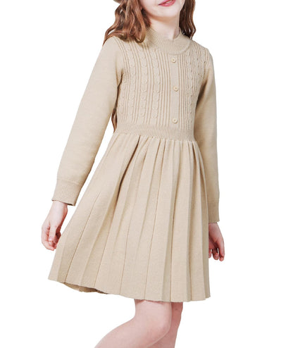 WULFUL Girls Long Sleeve Sweater Dress Pleated Knit Casual Fall Winter 5-12Y