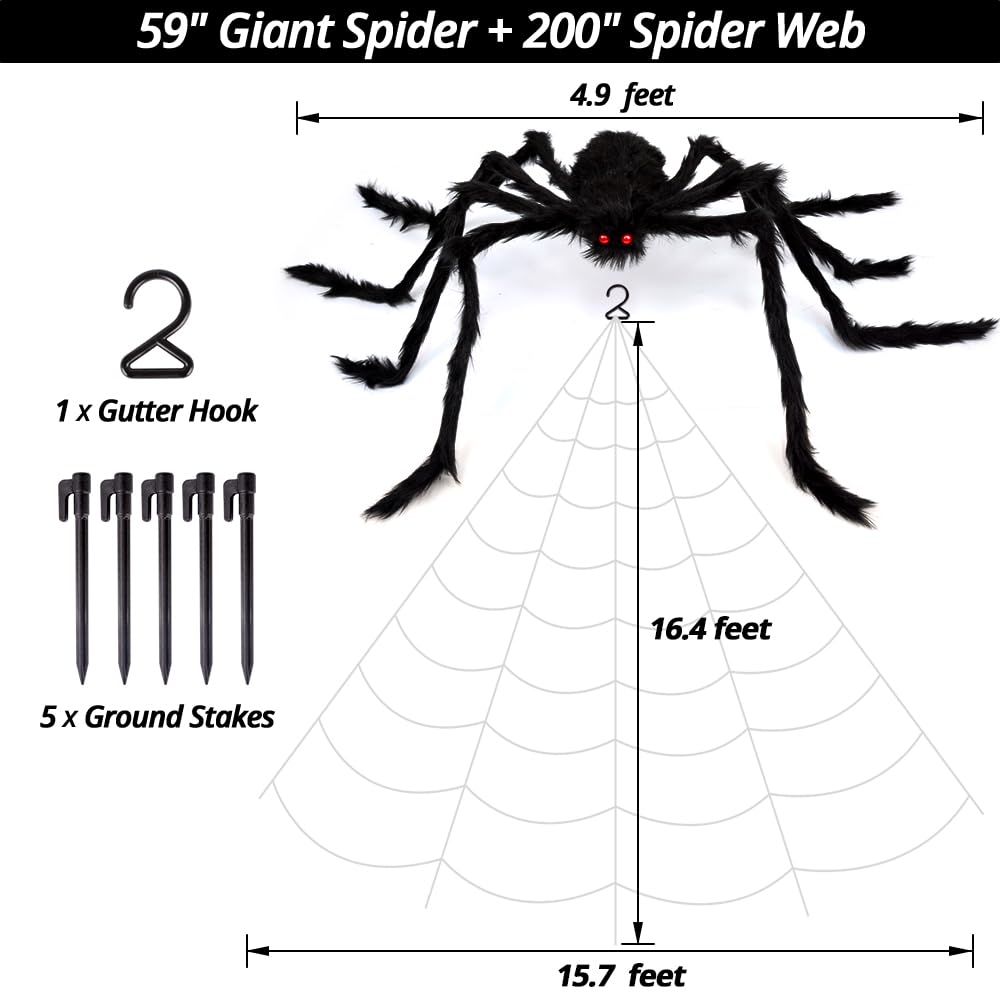 OCATO 200" Halloween Spider Web + 59" Giant Spider Decorations Black