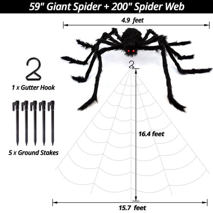 OCATO 200" Halloween Spider Web + 59" Giant Spider Decorations Black