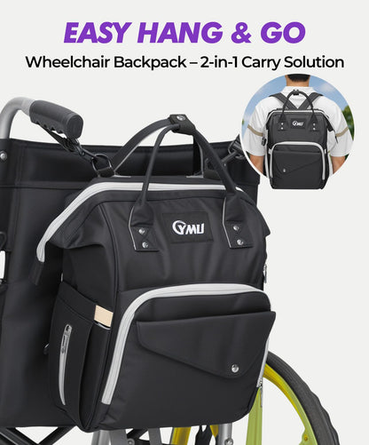 YMU Wheelchair Backpack Bag Large Insulated Pocket Black Shoulder Strap