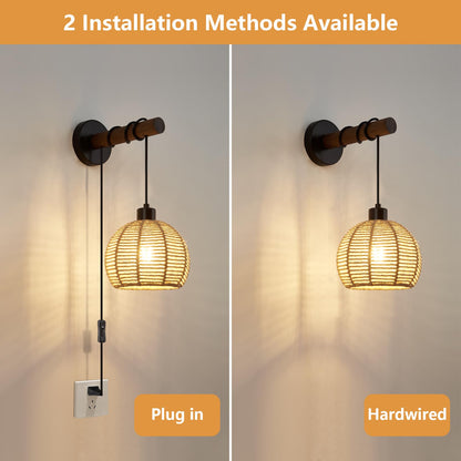 SGLfarmty Boho Rattan Plug-in Wall Sconces Set of 2 Rustic Hemp Rope