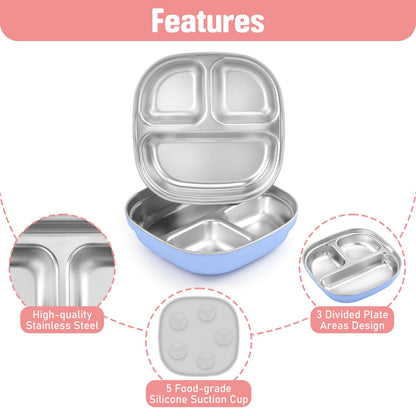 Flysich Stainless Steel Toddler Plate 2pc Divided Suction Blue Grey BPA Free