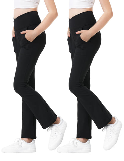 Kirinkylin Girls Flare Leggings 2 Pack V Cross Bootcut Pockets Black Size 10-11