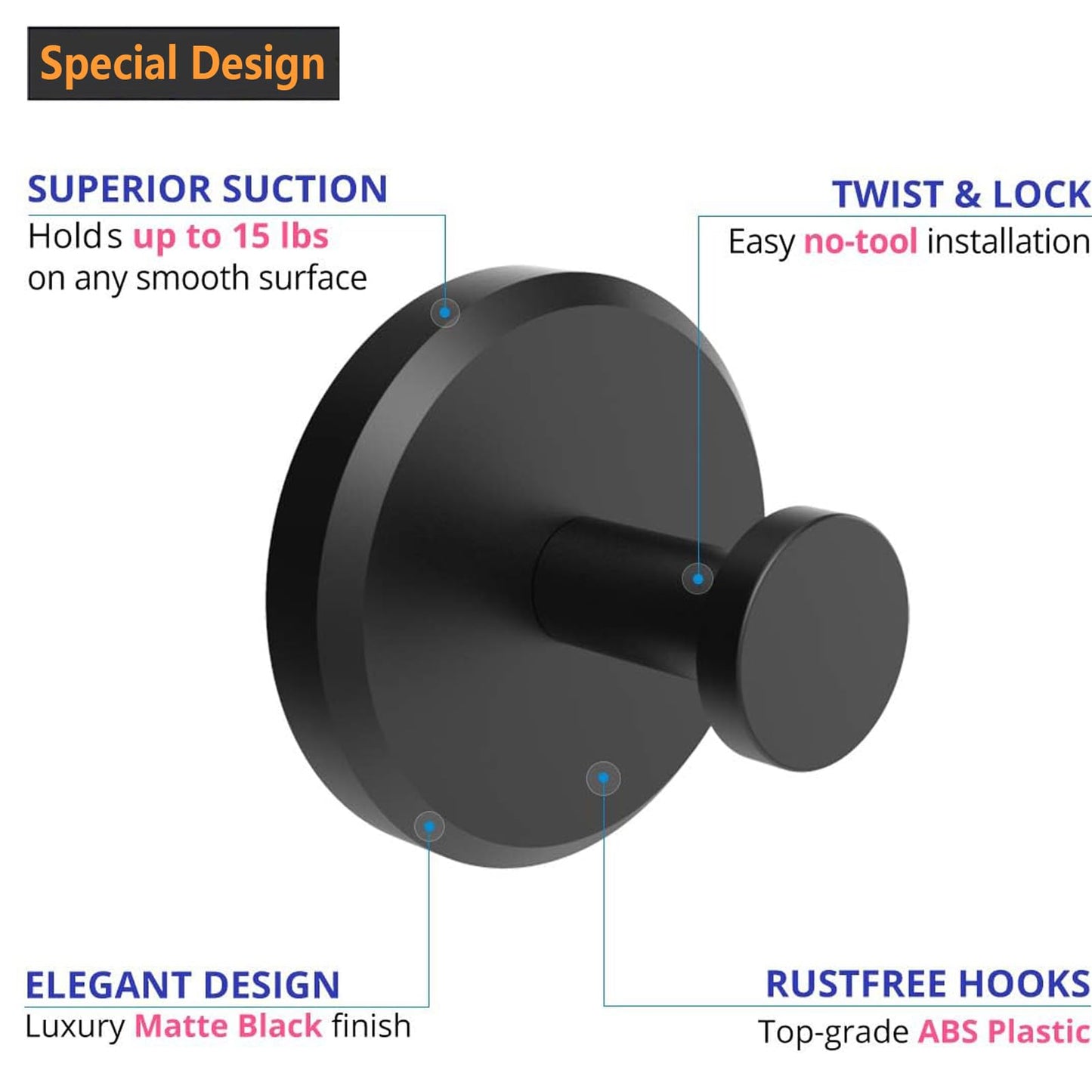 Homeshifters SUS 304 Stainless Steel Matte Black Suction Cup Hooks 2 Pc