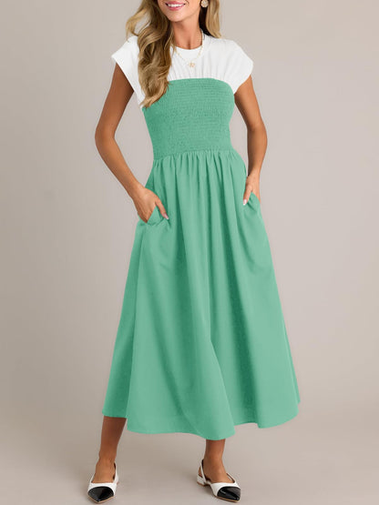 Wenrine Womens Casual Summer Midi Dress Smocked Cap Sleeve Green Size L