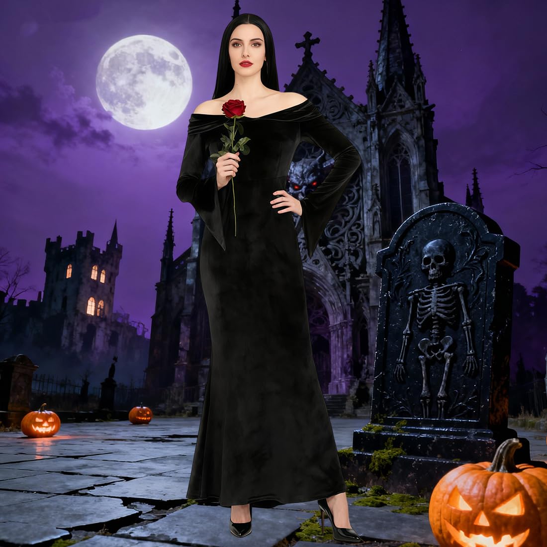 QUJQOM Halloween Gothic Dress Black V-neck Red Rose Wig Size L