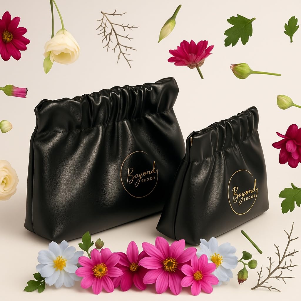 Beyond Shadow Brand Wrinkled 2-Pouch Travel Makeup Bag Black Small & Medium