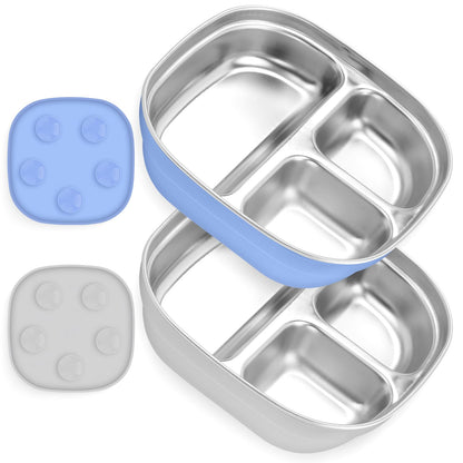 Flysich Stainless Steel Toddler Plate 2pc Divided Suction Blue Grey BPA Free