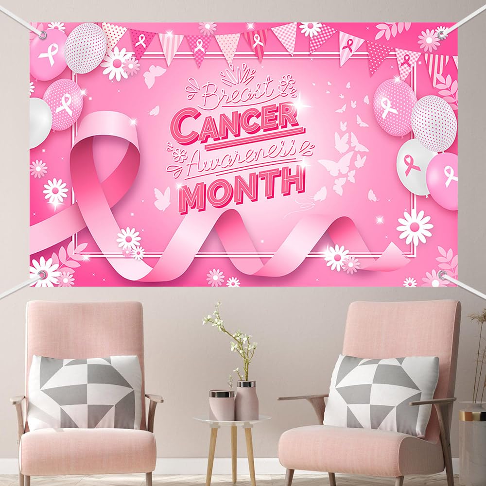 MEHOFOND Breast Cancer Awareness Banner Pink Ribbon Party Decoration Pink