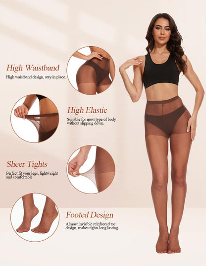 DUCMODA 3 Pairs Women's Sheer High Waist Tights 15D Cedar Brown Size S
