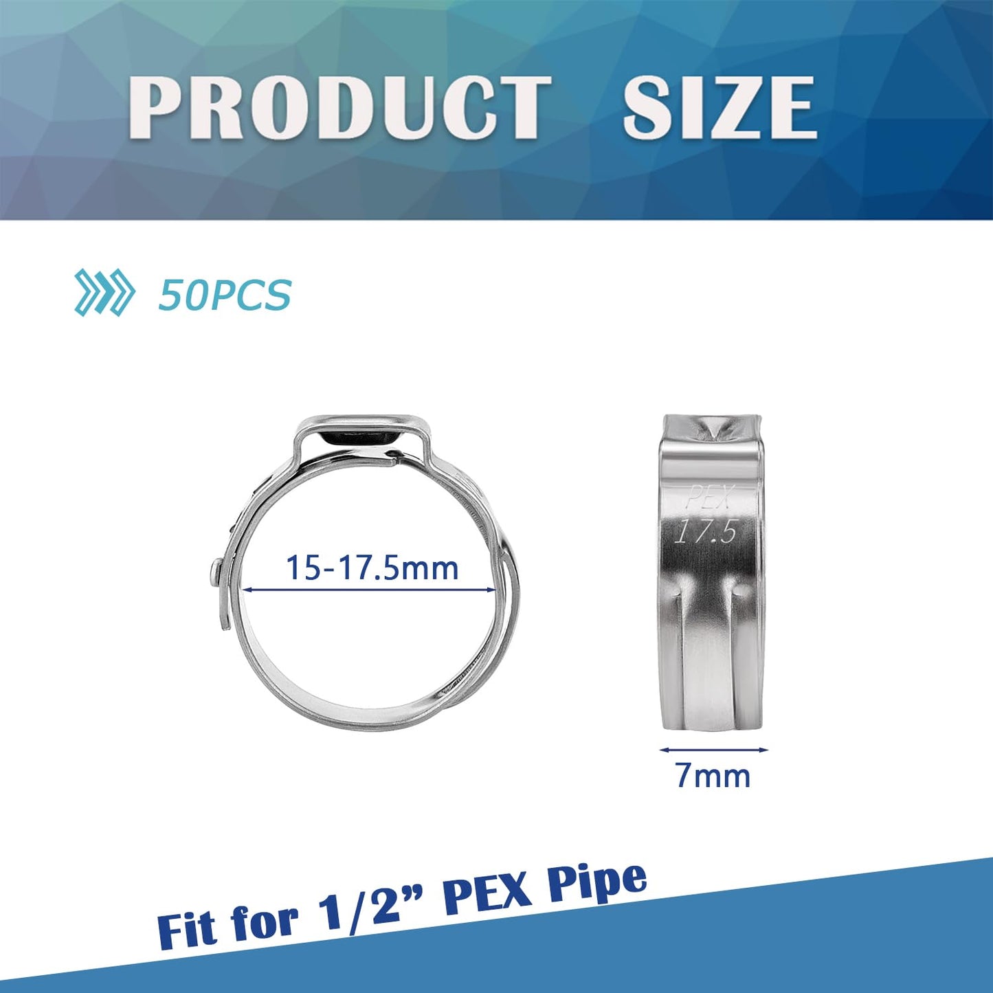 HayEastdor 50PCS 1/2" PEX Cinch Crimp Clamp Rings 304 Stainless Steel