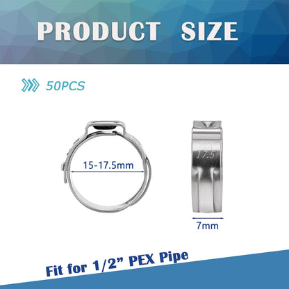 HayEastdor 50PCS 1/2" PEX Cinch Crimp Clamp Rings 304 Stainless Steel