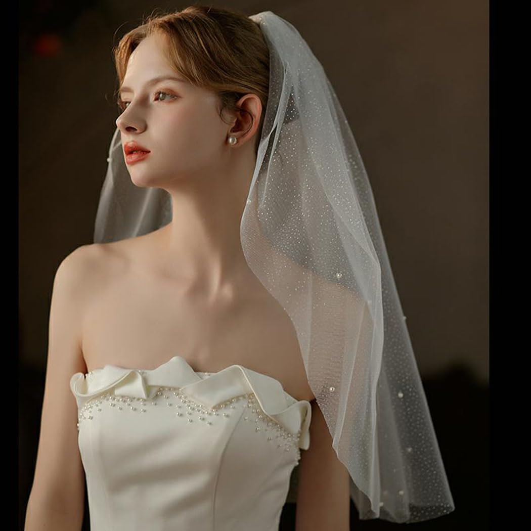 Cliory Pearl Veil Glitter Bride Wedding Short Veil White