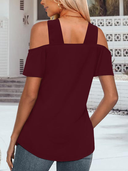 Bellcoco Womens Cold Shoulder V Neck Red Blouse Top XL