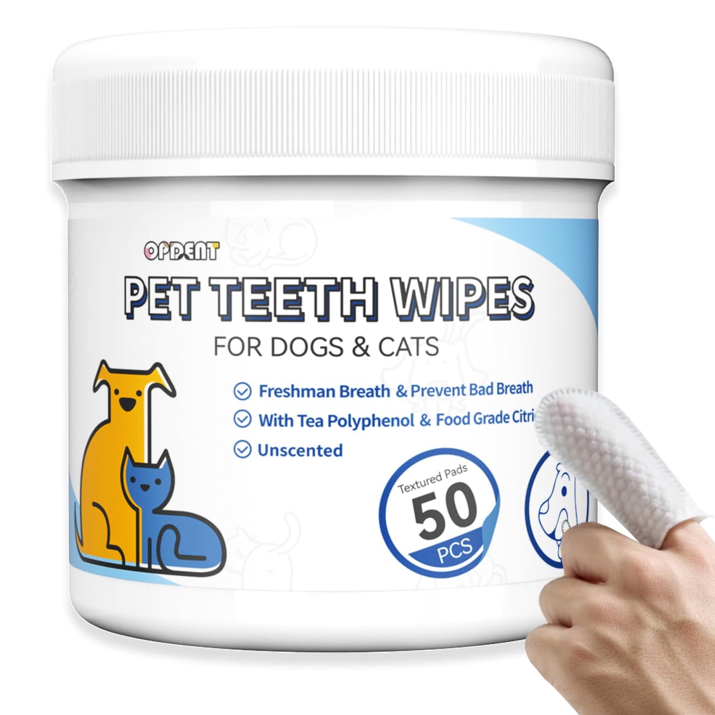 Opdent Dog Teeth Cleaning Wipes No-Rinse Dental Finger Wipes 50 pcs Unscented