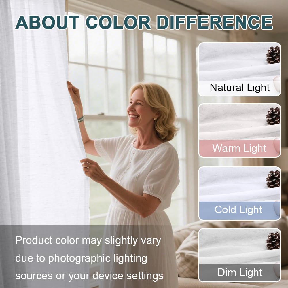 Turquoize Linen Sheer Rod Pocket Curtains 52x63in Set of 2 Pure White