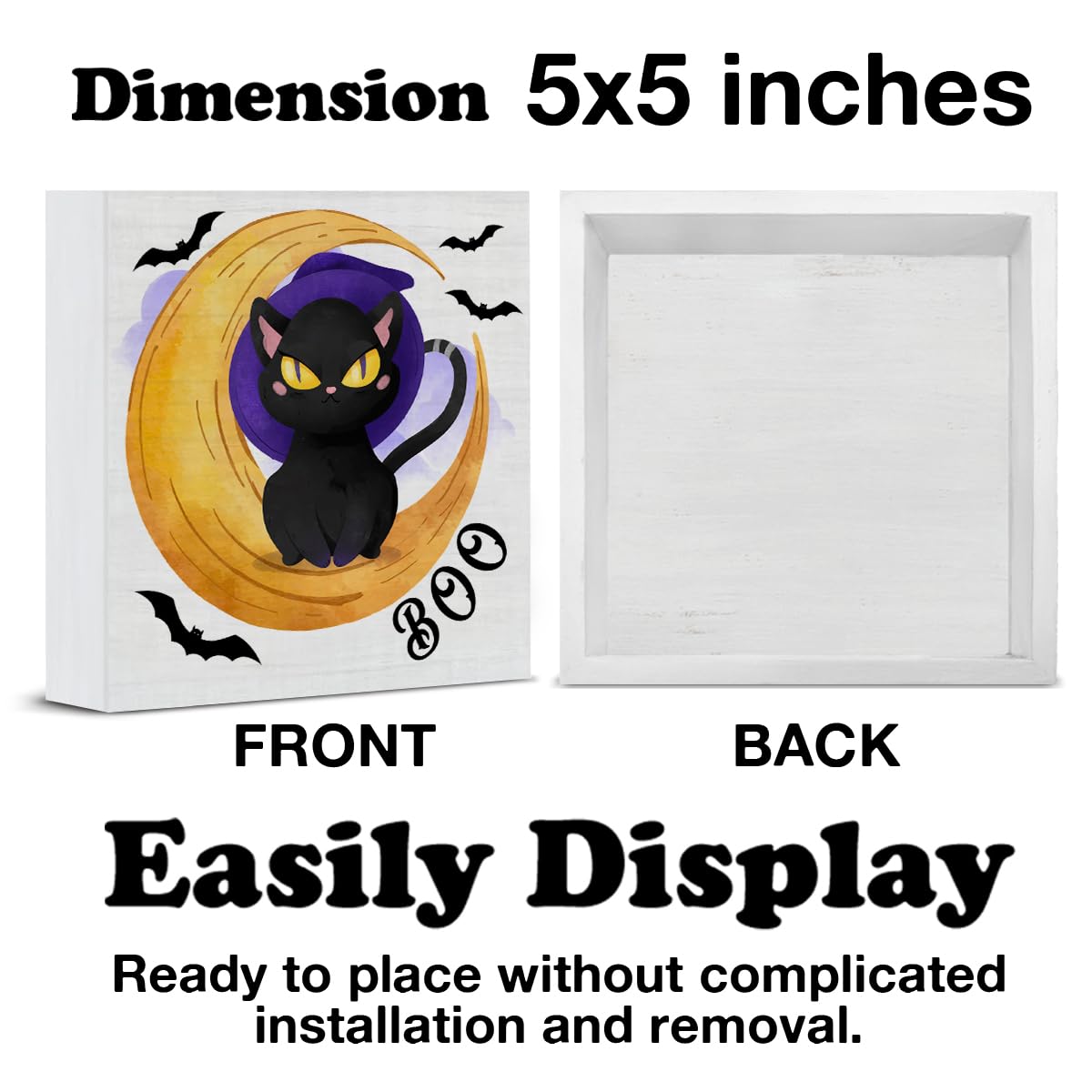 Hijie Halloween Black Cat Bat Wooden Sign Decor 5x5 Inches Indoor
