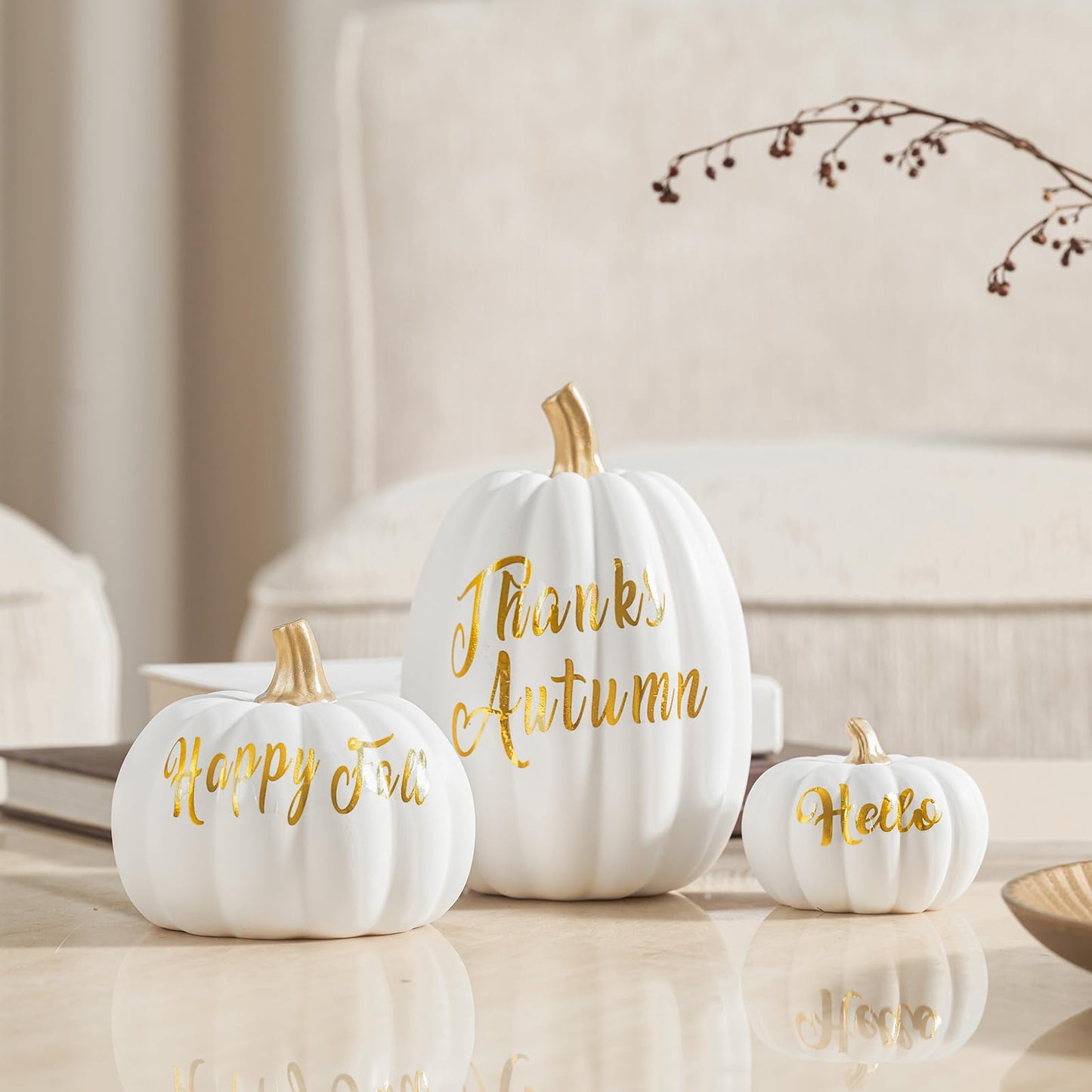DN DECONATION 3 Pc Fall Pumpkin Decorations White Brown Black Resin Figurines