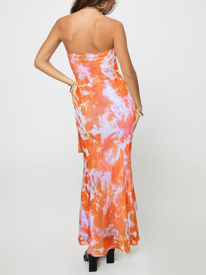 Oumrdeo Women's Strapless Floral Orange Maxi Dress Size L