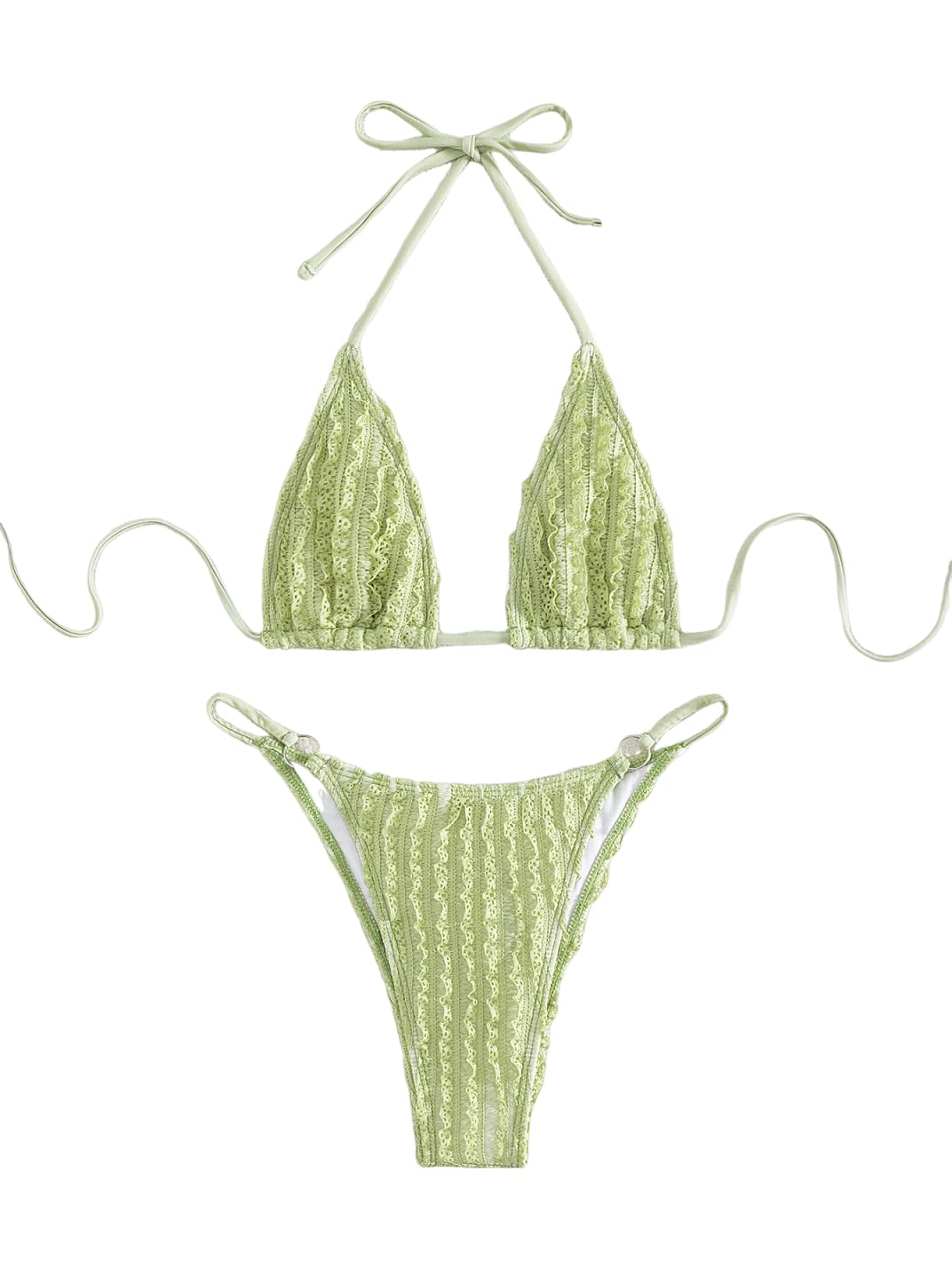 GORGLITTER Women's Lace Bikini Set Halter Triangle Thong Green Frill Size XL