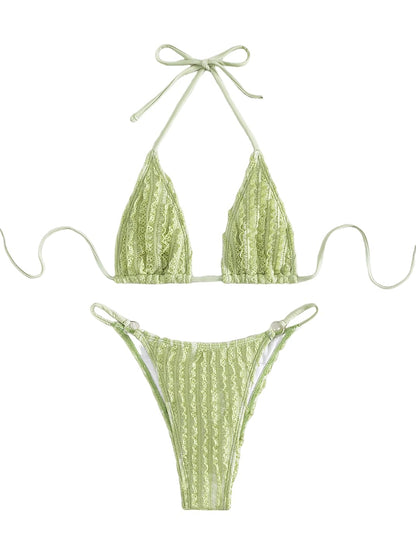 GORGLITTER Women's Lace Bikini Set Halter Triangle Thong Green Frill Size XL