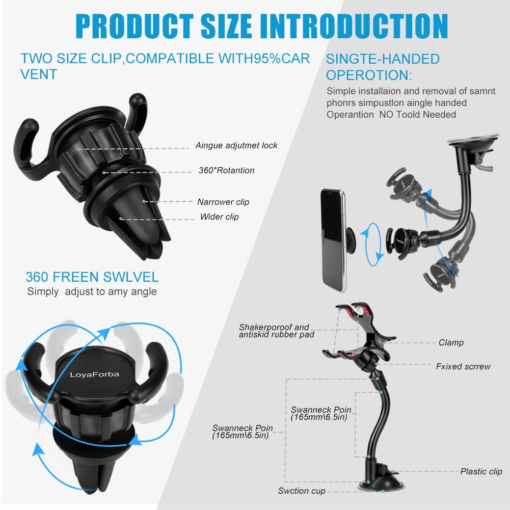 LoyaForba Universal Car Phone Mount 360° Dashboard Holder Black Rubber