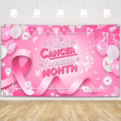 MEHOFOND Breast Cancer Awareness Banner Pink Ribbon Party Decoration Pink